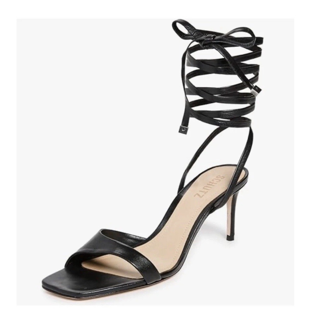 SCHUTZ Bryce Ankle Tie Women's Leather High Heel Strappy Sandal Black Sz 5.5B